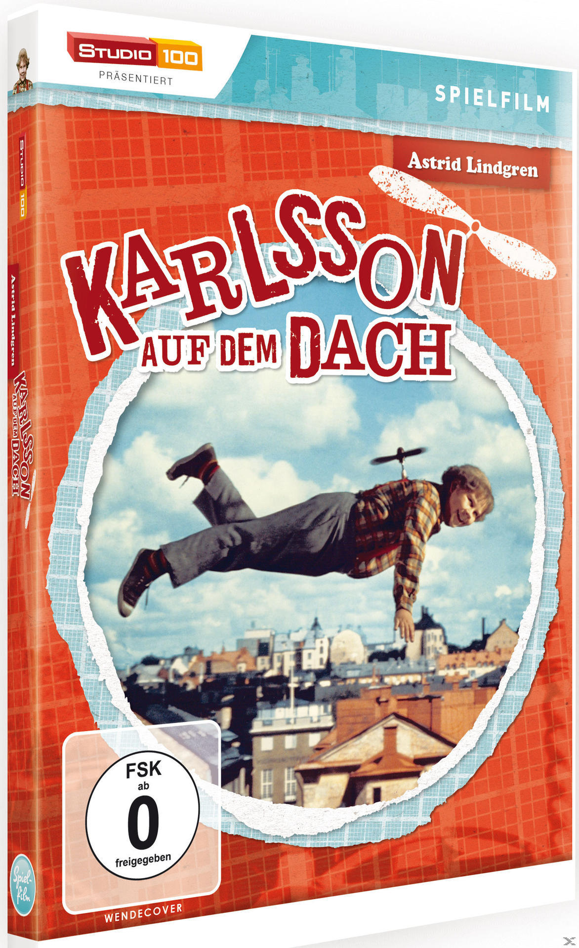 DVD-Cover mit einer Cartoonzeichnung eines Jungen, der über eine Stadt fliegt.