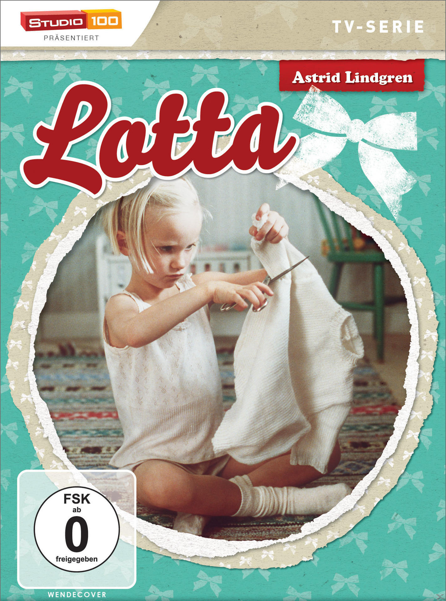 DVD-Cover mit einem kleinen Mädchen, das mit einer Schere Kleidung schneidet. Ein Text 'Lotta' ist vorhanden.