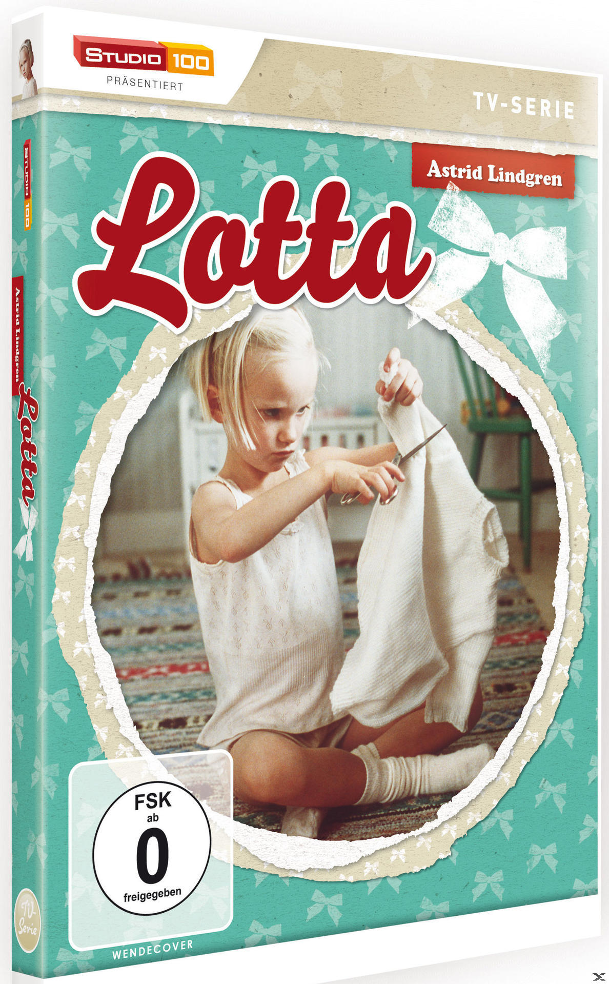DVD-Cover: Lotta, ein Mädchen schneidet ein Hemd mit einer Schere. Text und Logo.