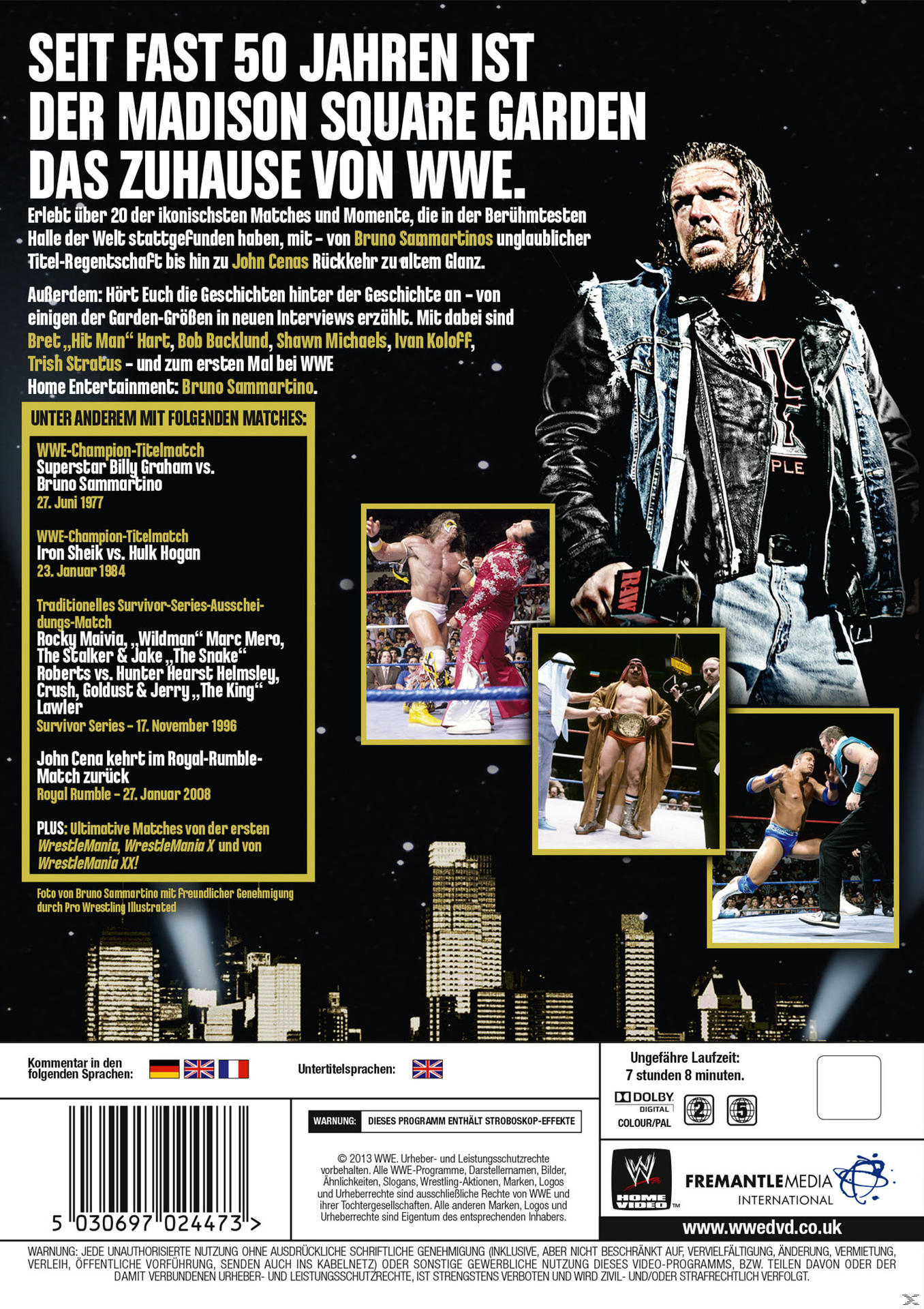 Rückseite einer DVD-Hülle mit deutschem Text und Bildern von Wrestling-Kämpfen.