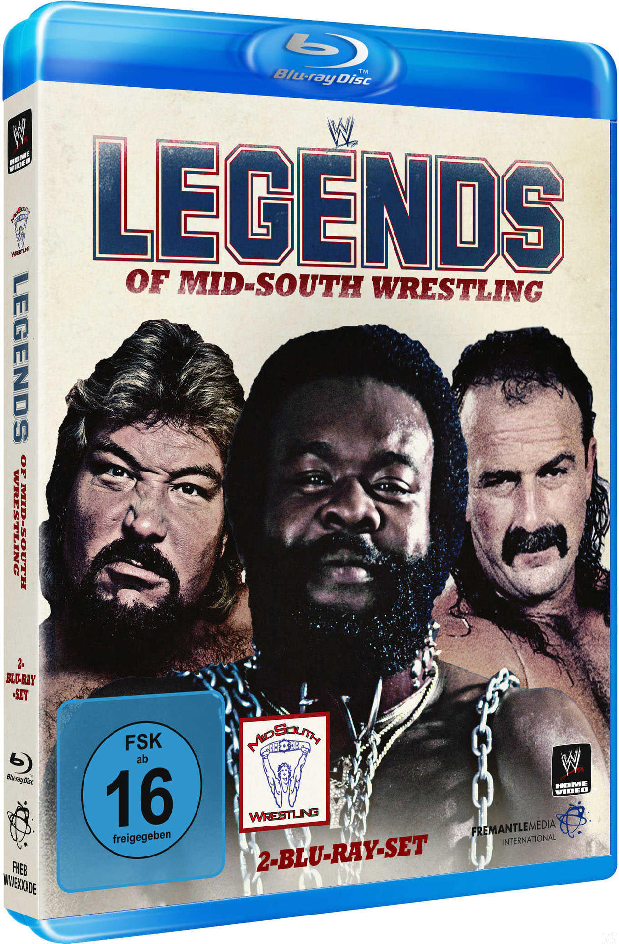 Blu-ray-Cover mit drei Männern, Text Legends of Mid-South Wrestling.