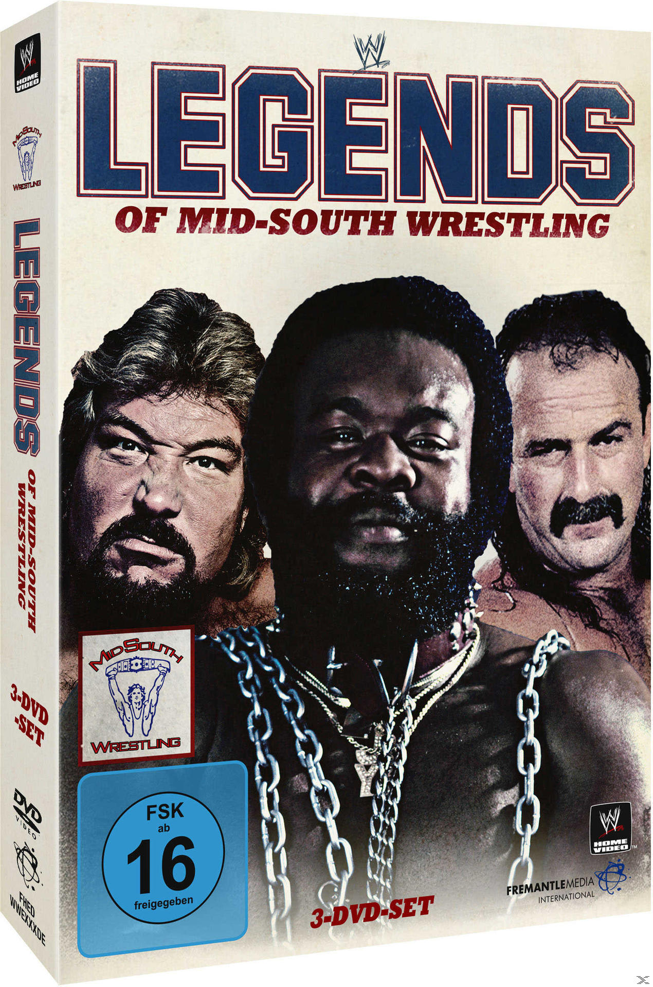 DVD-Box-Set von 'Legends of Mid-South Wrestling' mit Gesichtern dreier Wrestler auf dem Cover.