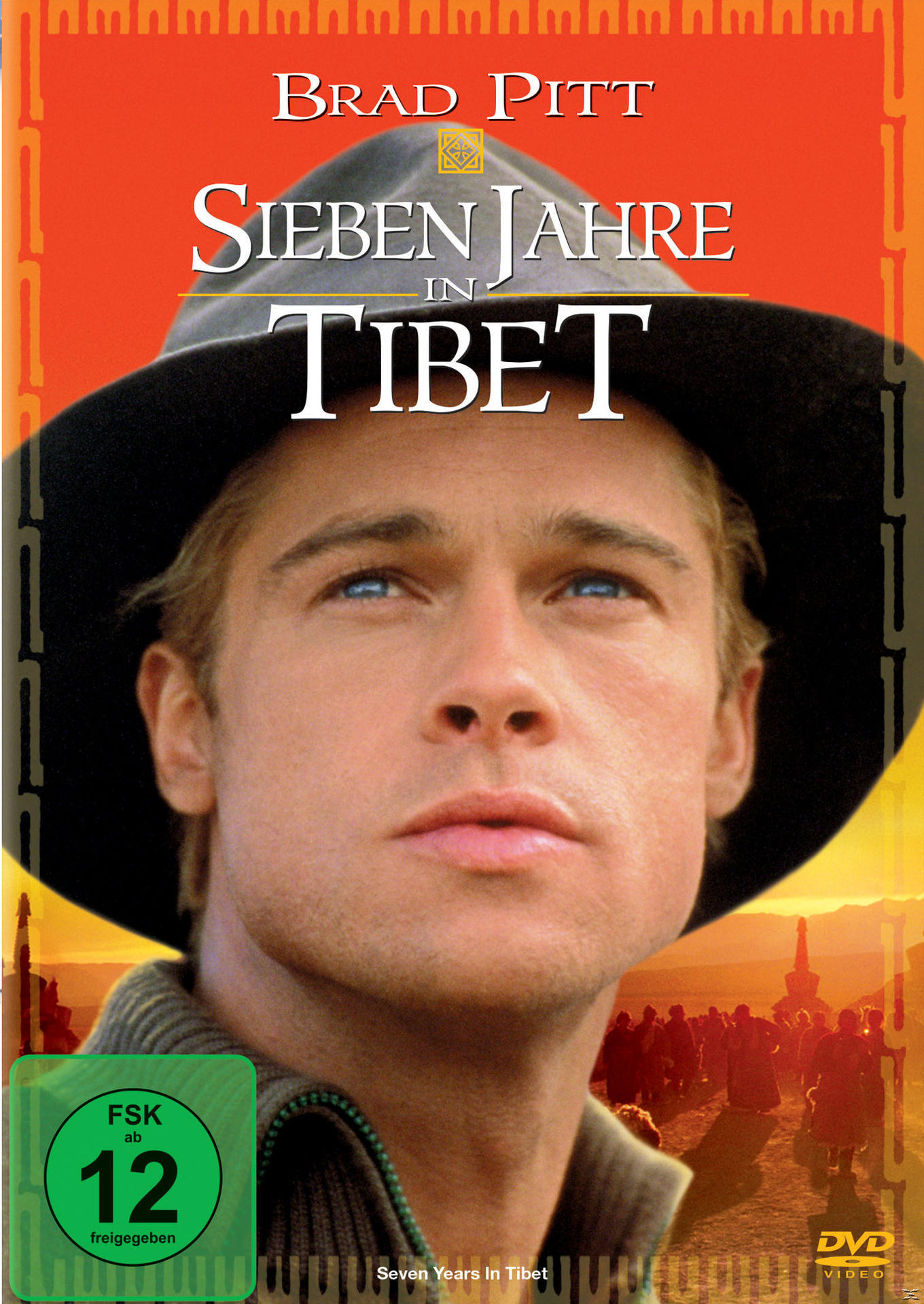 DVD-Cover für Sieben Jahre in Tibet zeigt Brad Pitt mit Hut, vor einem Bergpanorama.