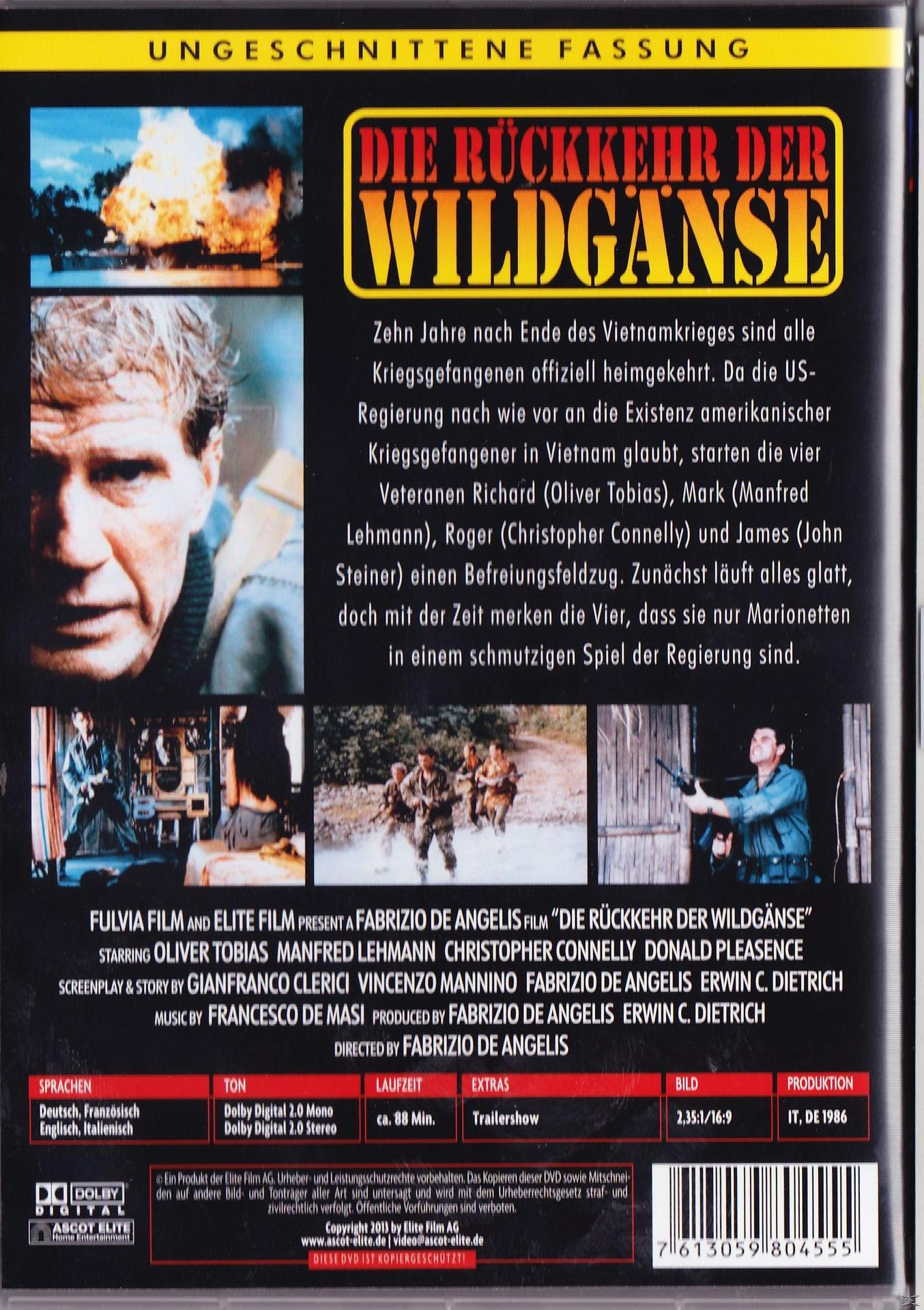 Rückseite der Die Rückkehr der Wildgänse DVD. Soldaten, Explosionen und Text in mehreren Sprachen.