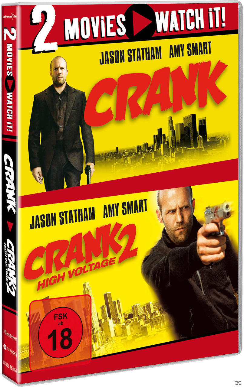 DVD-Cover der 'Crank'-Filme. Jason Statham und Amy Smart sind zu sehen, mit den Texten 'Crank' und 'Crank 2'.