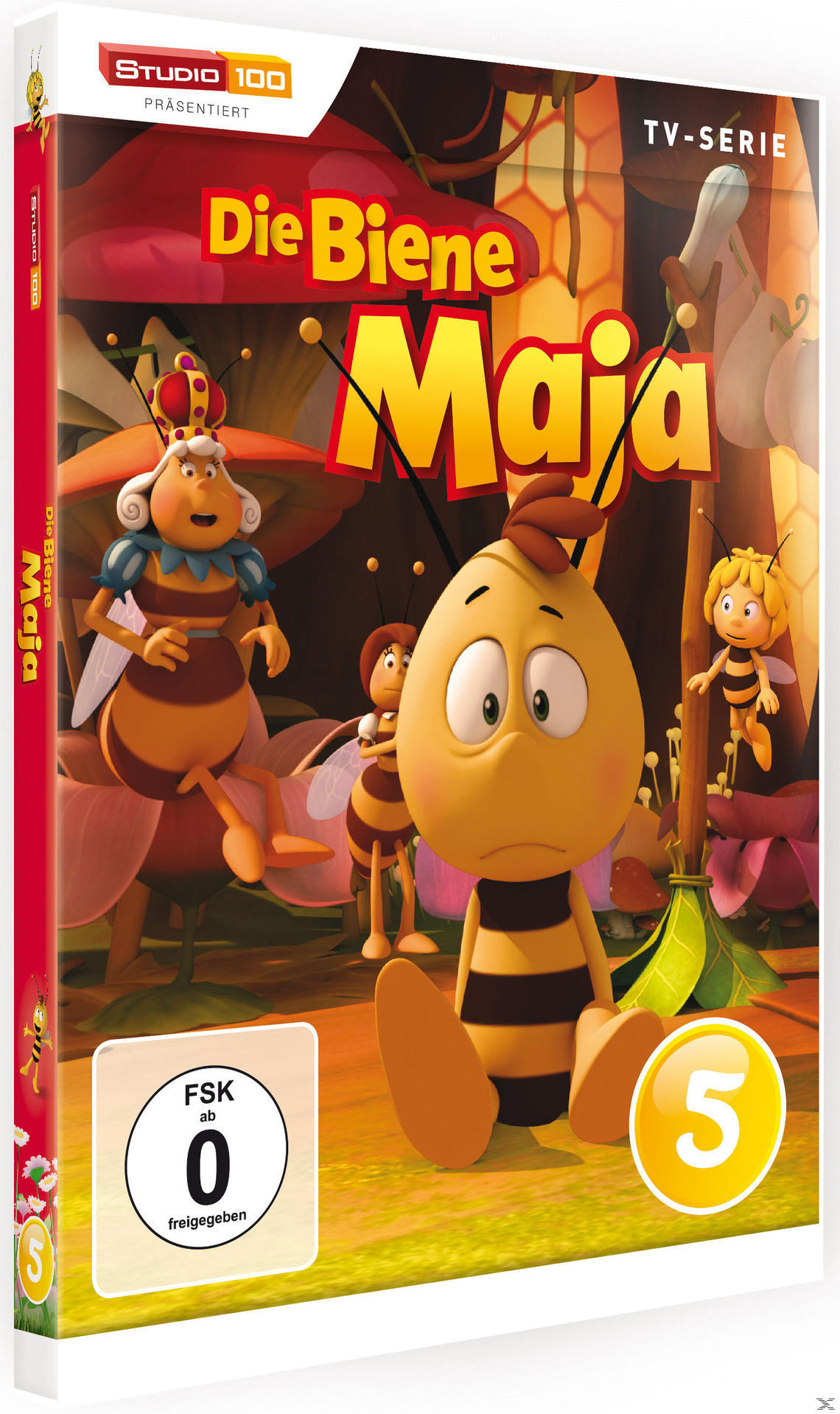 DVD-Cover von "Die Biene Maja" mit der Biene und Figuren.