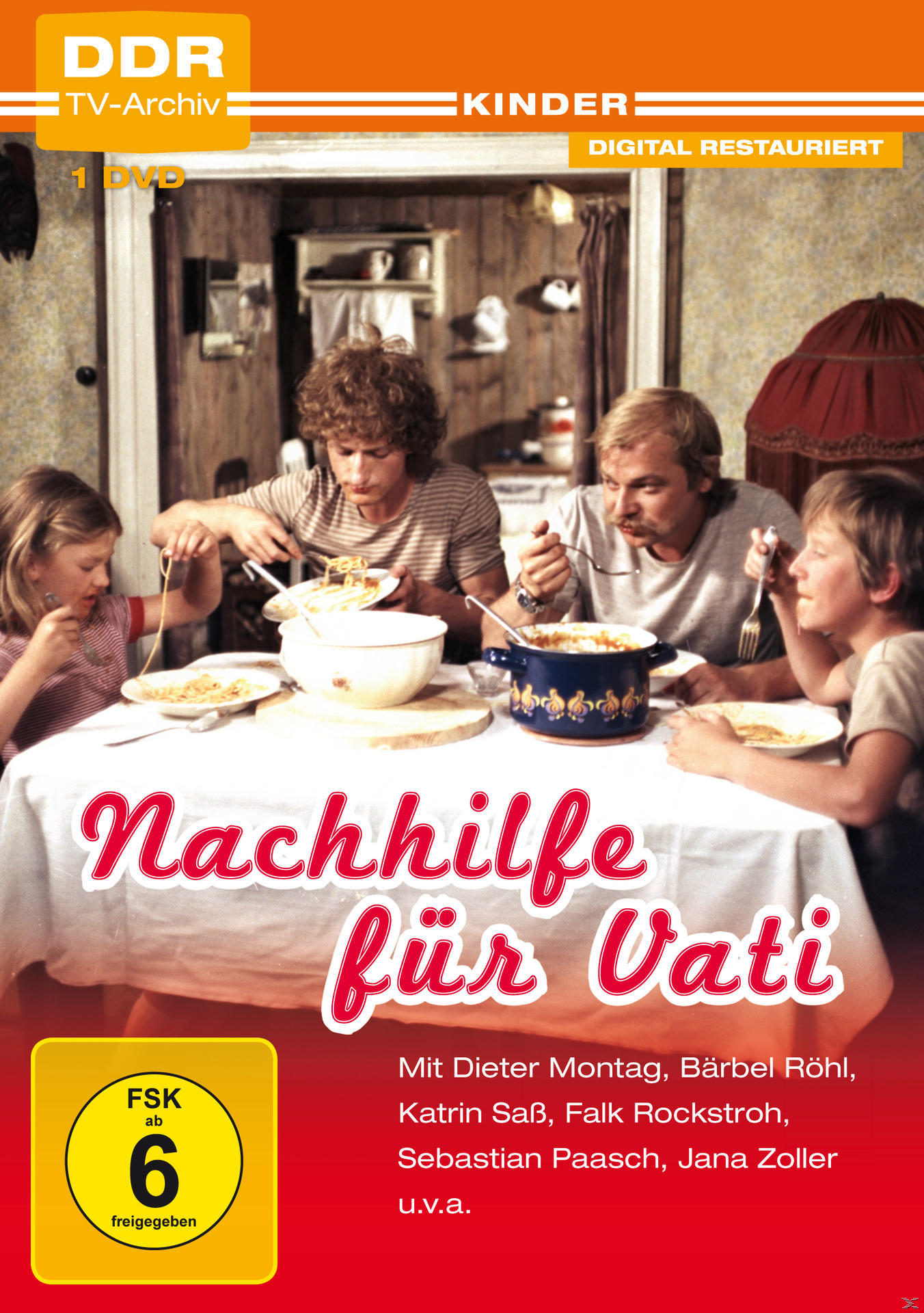 DVD-Cover 'Nachhilfe für Vati' zeigt eine Familie beim Essen am Tisch. Text und Logo sichtbar.