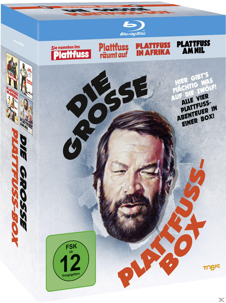 Blu-ray-Box-Set. Titel: Die Grosse Plattfuss-Box. Bild von Bud Spencer. Text und Bilder von Plattfuss-Filmen.