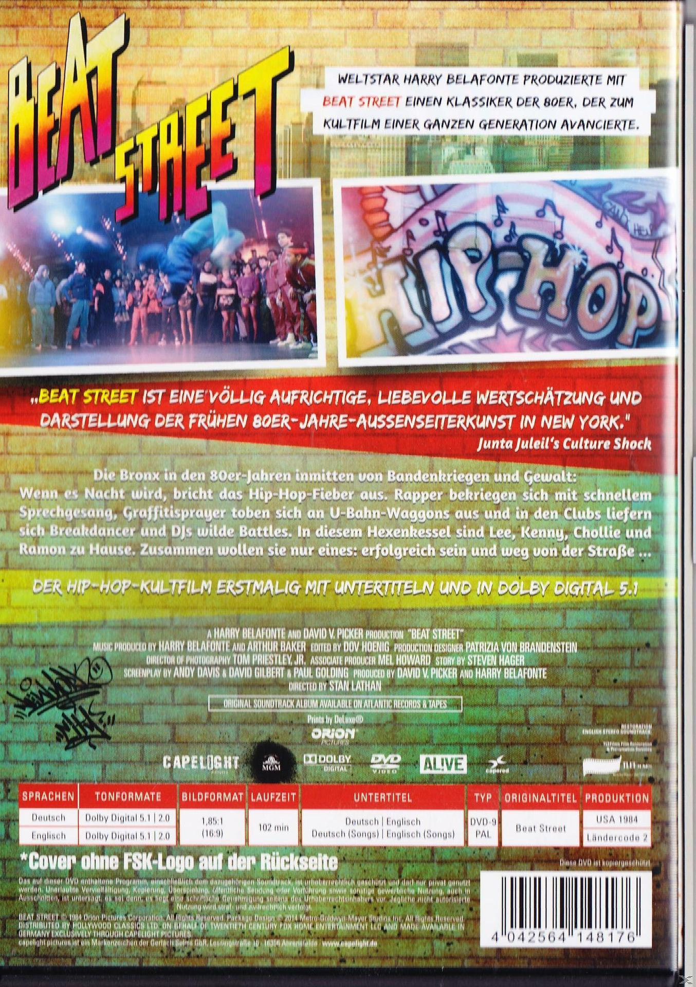DVD-Cover für 'Beat Street' mit Graffiti-Hintergrund, Text und Hip-Hop-Thema.