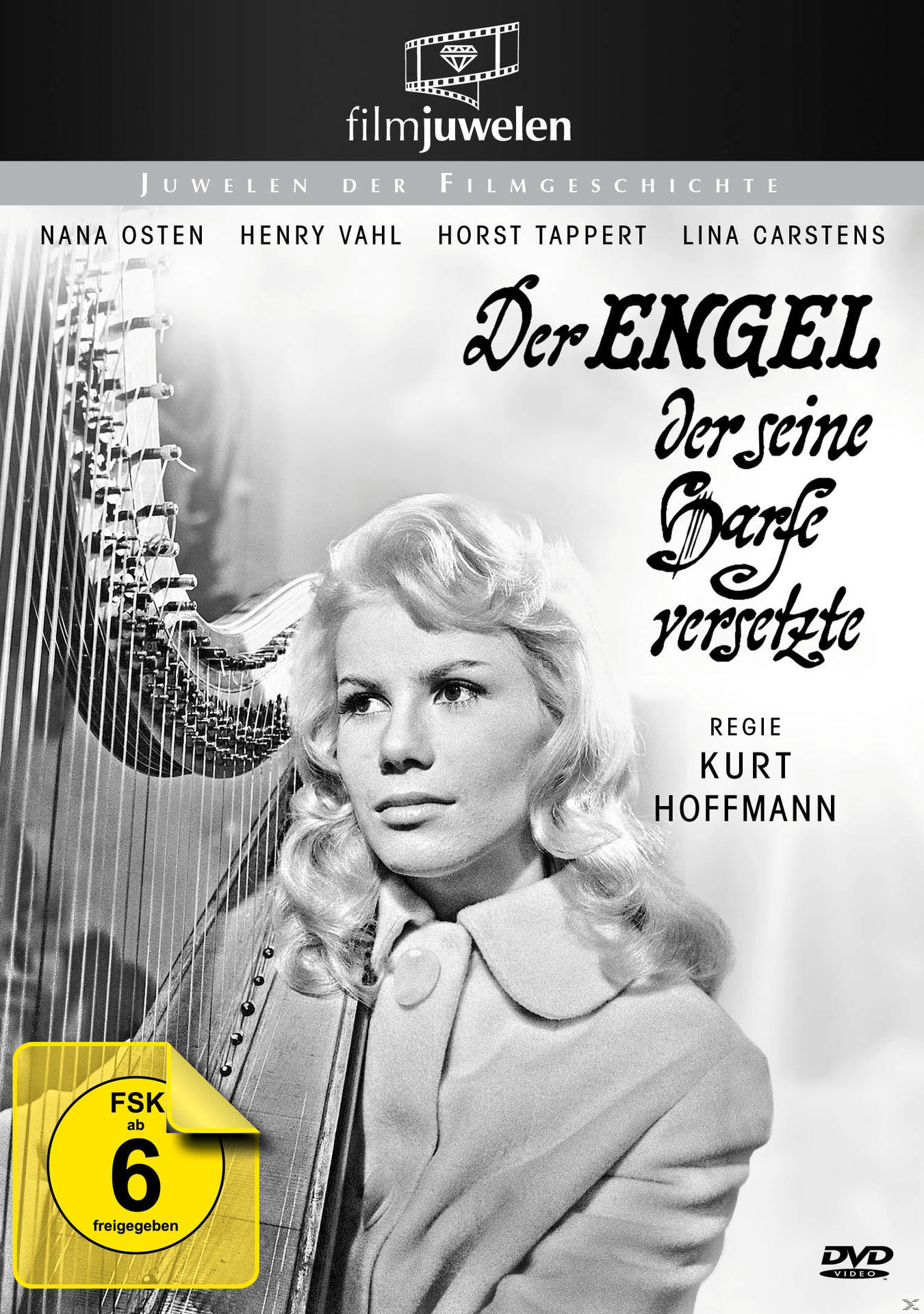 DVD-Cover einer Frau mit Harfe. Der Titel lautet 'Der Engel, der seine Darfe versetzte'.