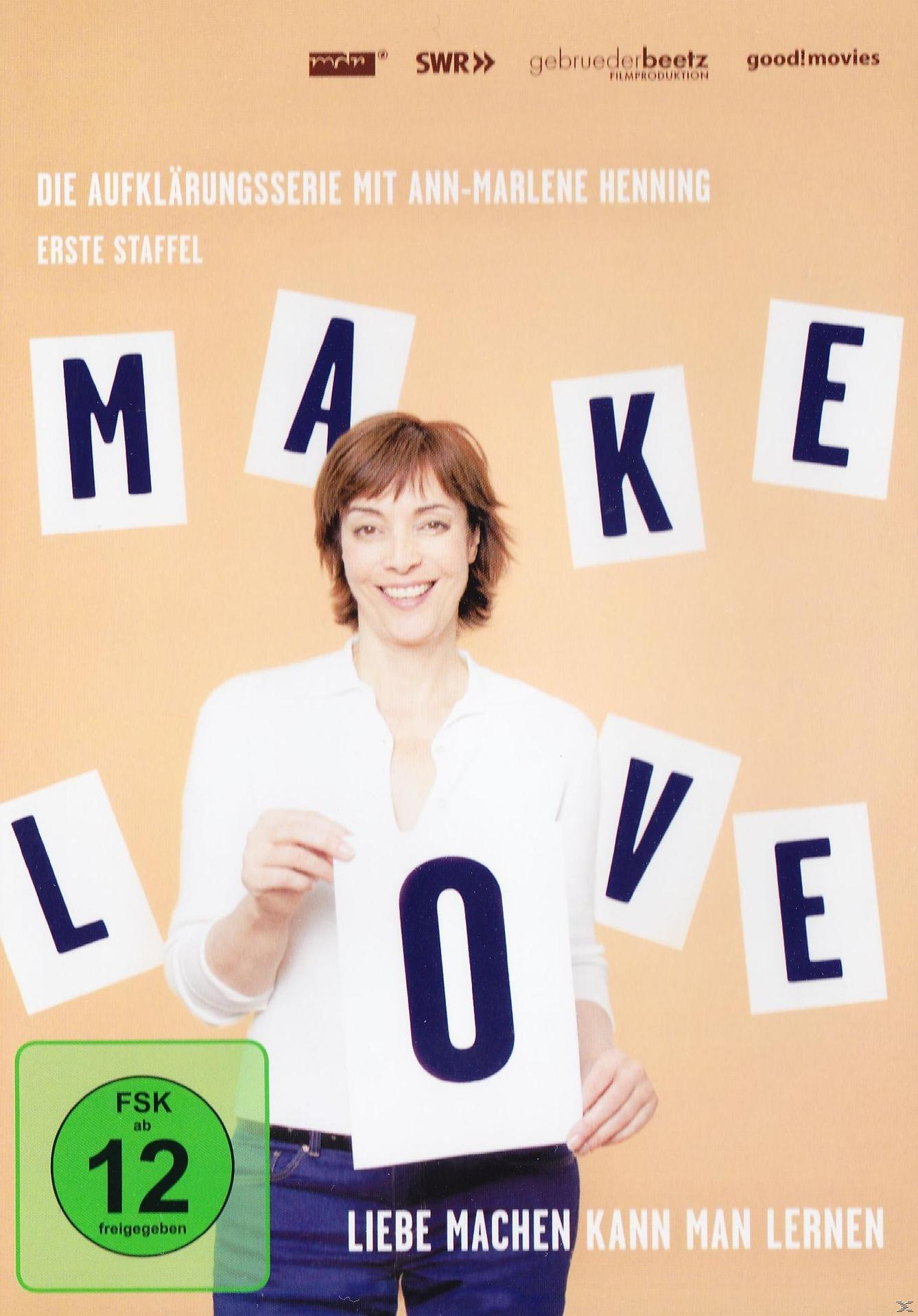 DVD-Cover mit Frau, die Buchstaben 'MAKE LOVE' auf hellem Hintergrund hält.