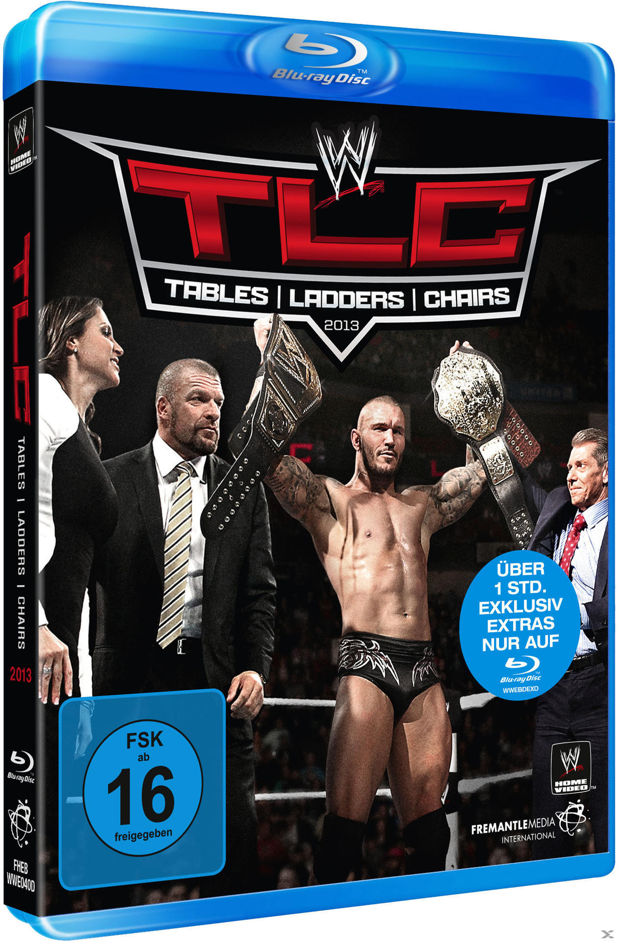 DVD-Cover mit Wrestling-Champions im Ring. Der Titel lautet 'WWE TLC Tables Ladders Chairs 2013'.
