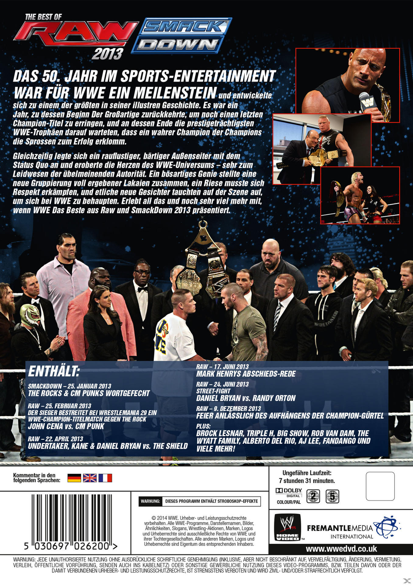 Die Rückseite von RAW Smacdown 2013. Mit Fotos von Wrestlern und Text.