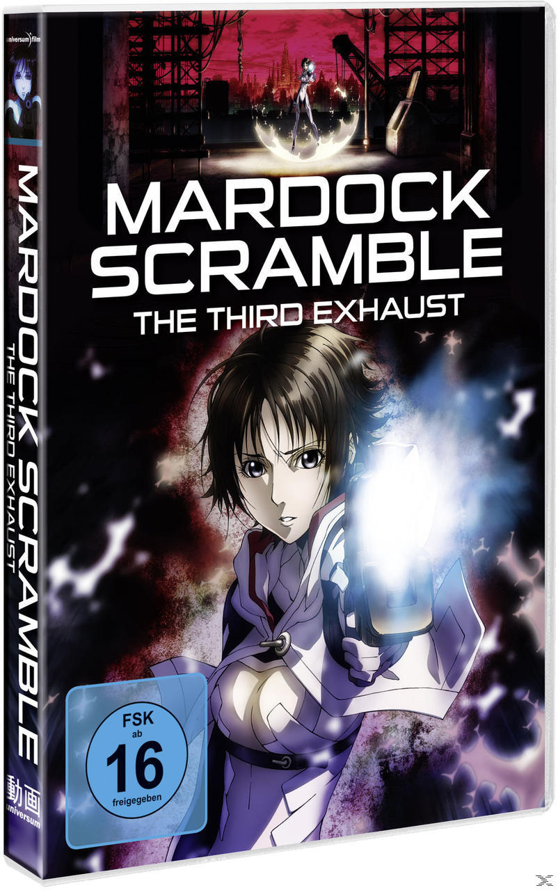 DVD-Cover für 'Mardock Scramble' mit Anime-Charakter, der eine Waffe hält.