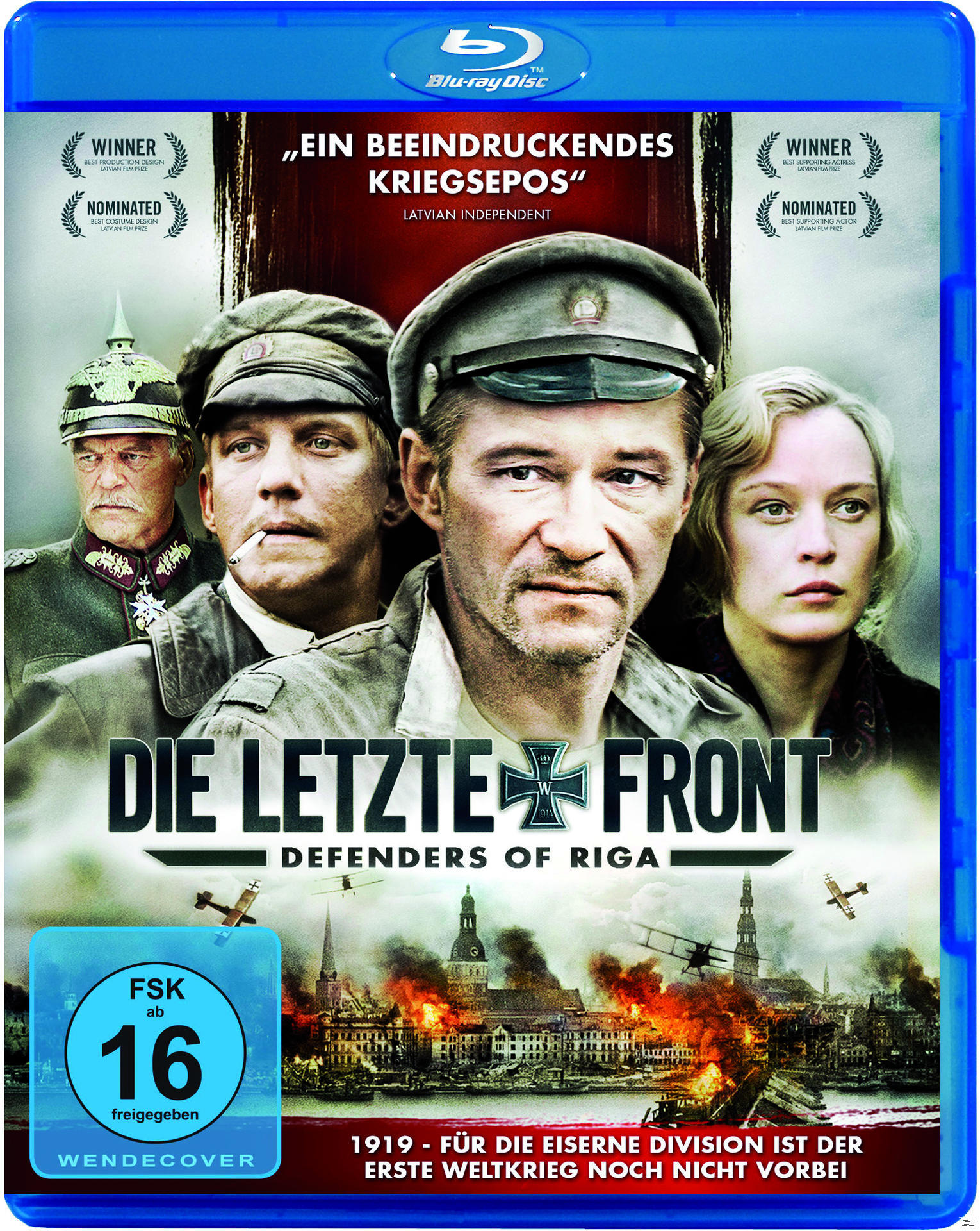 Blu-ray-Cover für Die Letzte Front, mit Schauspielern in Uniform, Titel ist Defenders of Riga. Das Cover ist blau.
