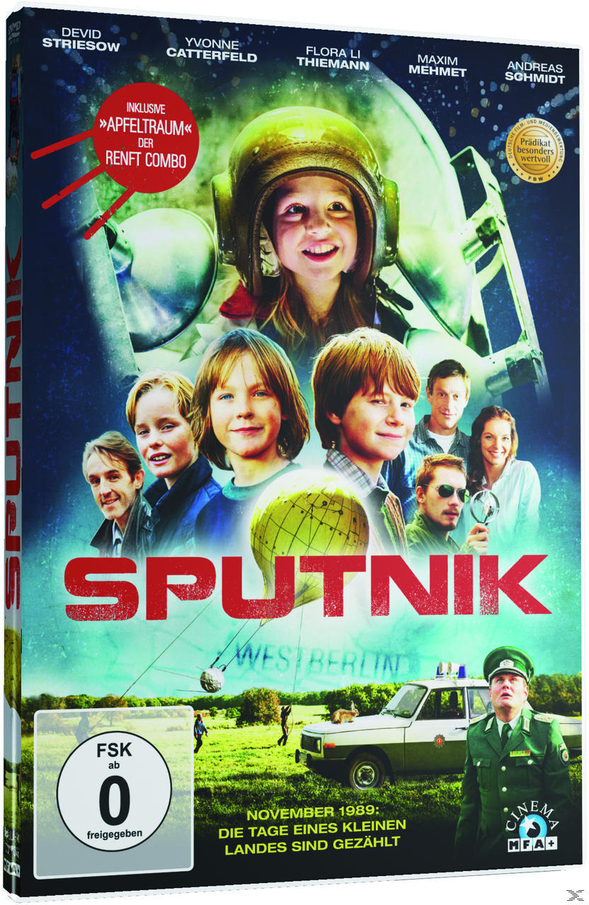 Sputnik DVD-Cover. Kinder in Weltraumhelmen, ein Auto, Text und ein Mann in Uniform.