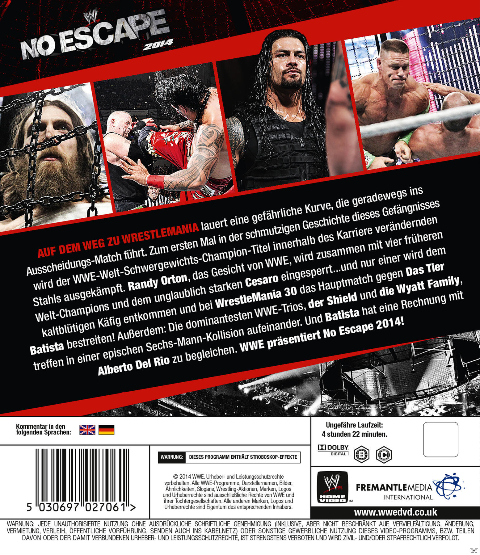 Blu-ray-Cover für "No Escape" mit Wrestlern und dem Text "Wrestlemania 30".
