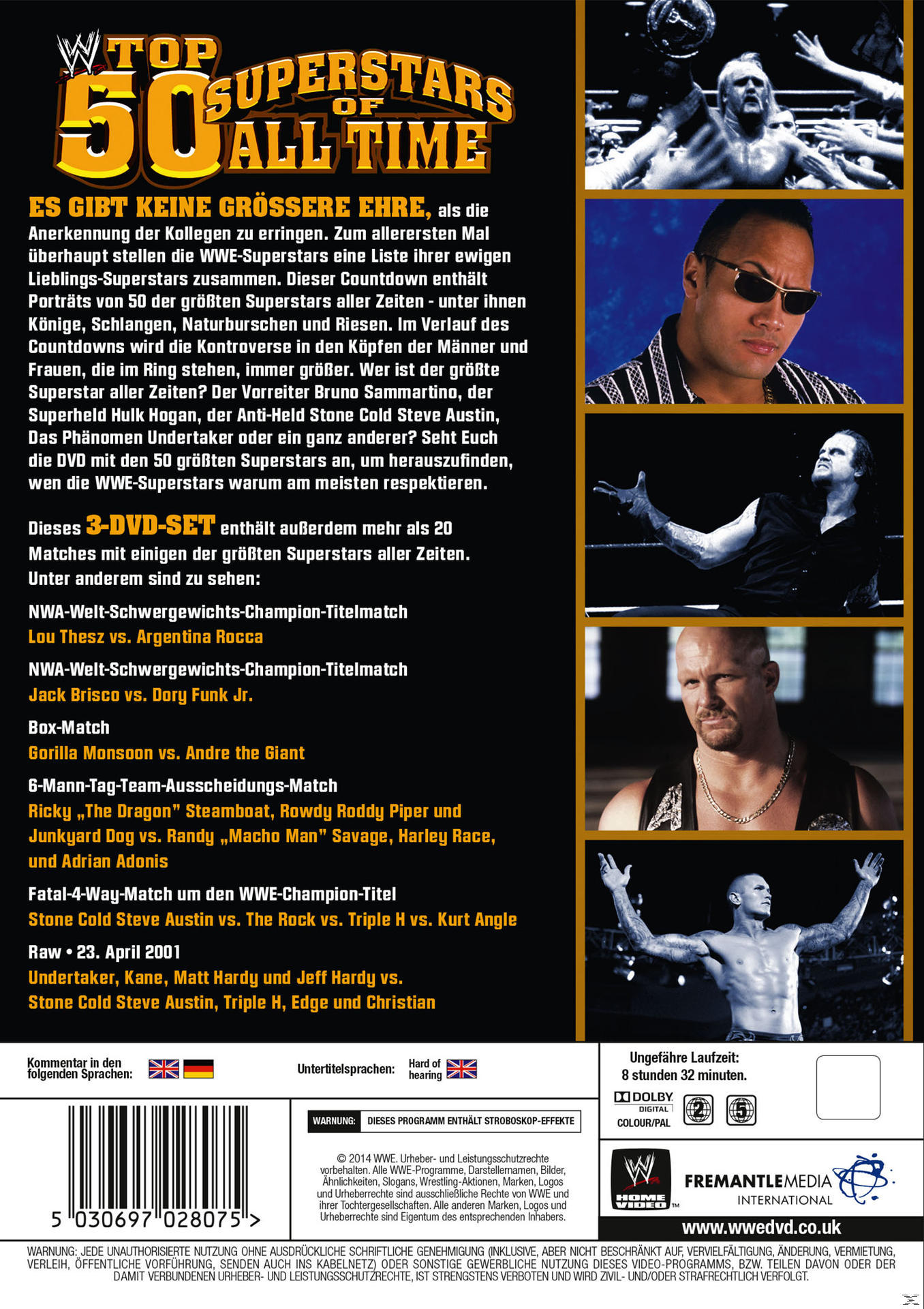Rückseite einer WWE-DVD. Bilder von Wrestlern, Text über Top-Wrestler und eine Liste der Kämpfe.