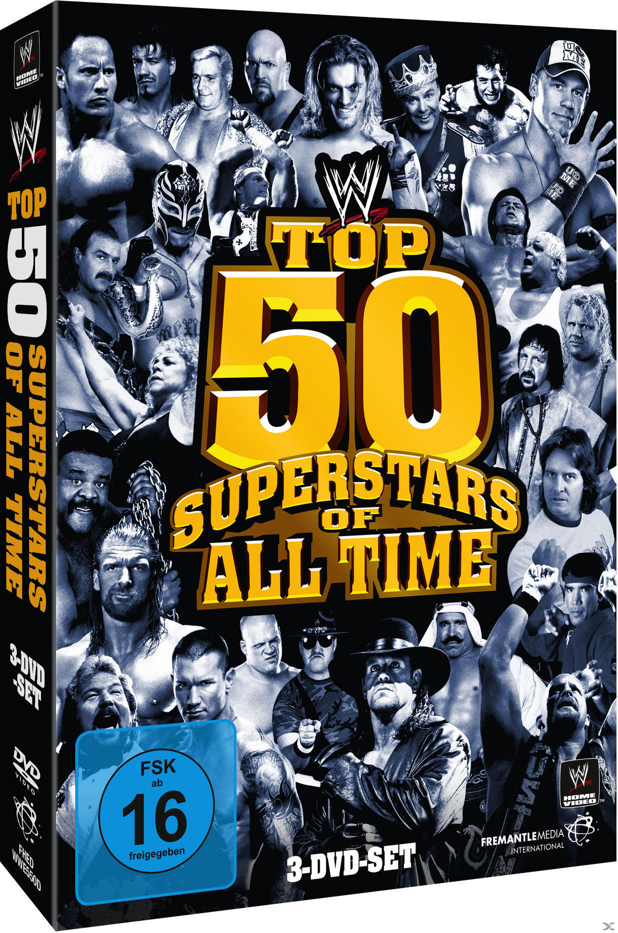 DVD-Cover mit vielen Wrestlern, der Titel lautet "Top 50 Superstars of All Time".