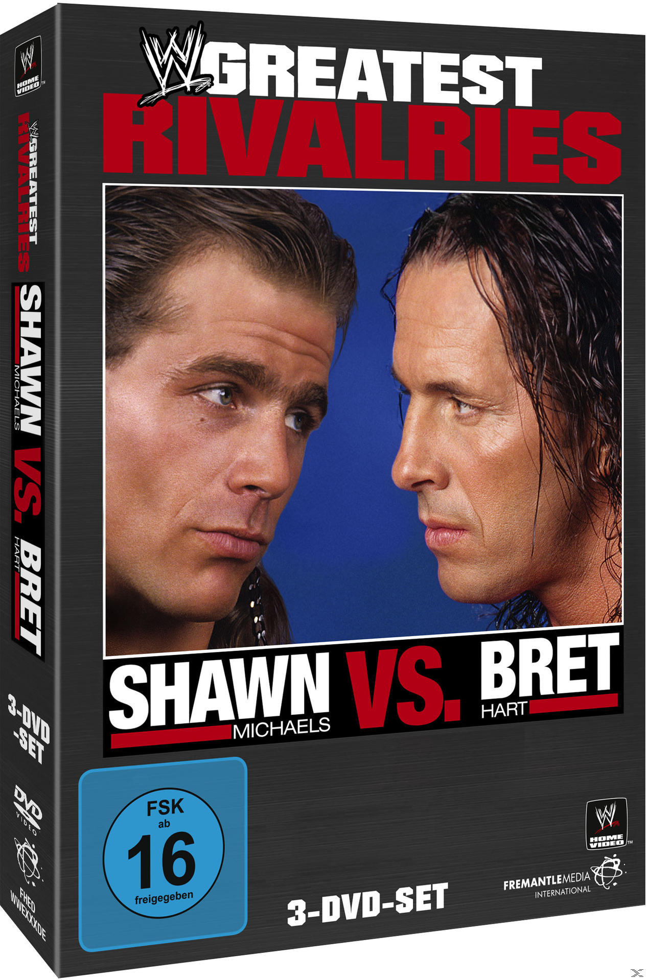 DVD-Cover von 'Shawn vs. Bret'. Zwei Wrestler stehen sich gegenüber, mit Text 'Greatest Rivalries'.
