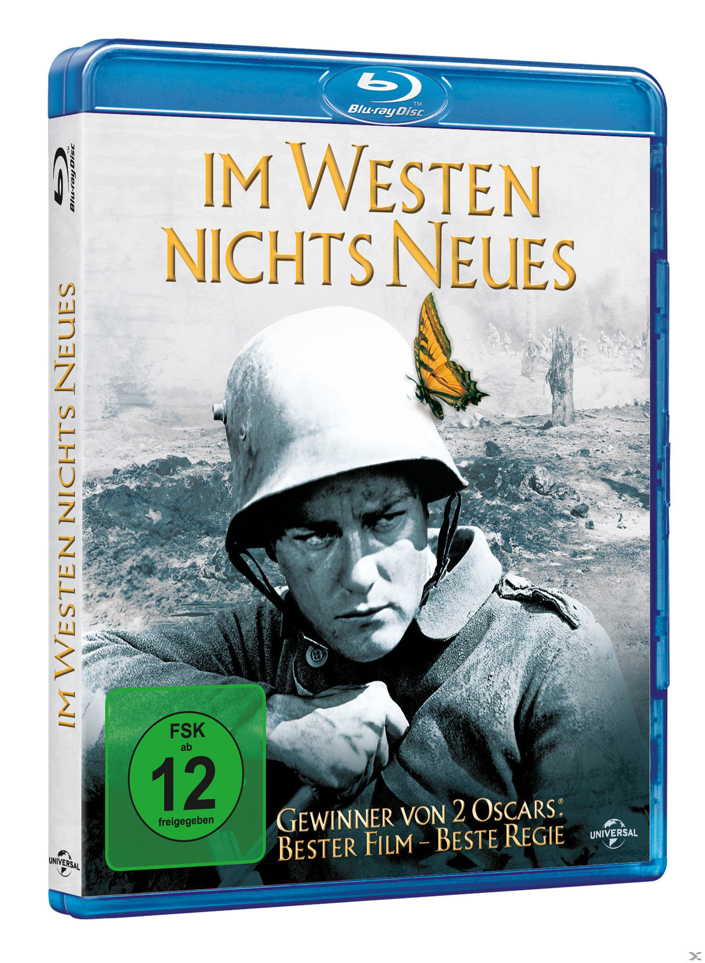 Blu-ray-Cover: Ein Soldat mit Helm, ein Schmetterling und eine Schlachtfeldszene.