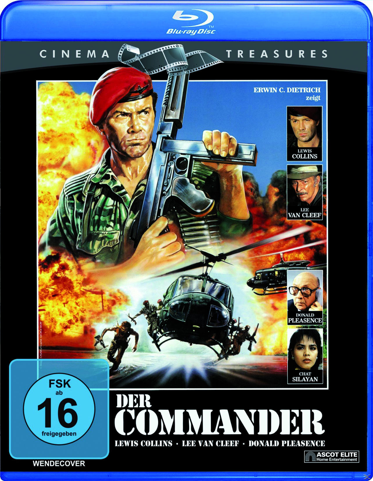 DVD-Cover von Der Commander: Ein Mann hält eine Waffe, andere und ein Hubschrauber im Hintergrund.