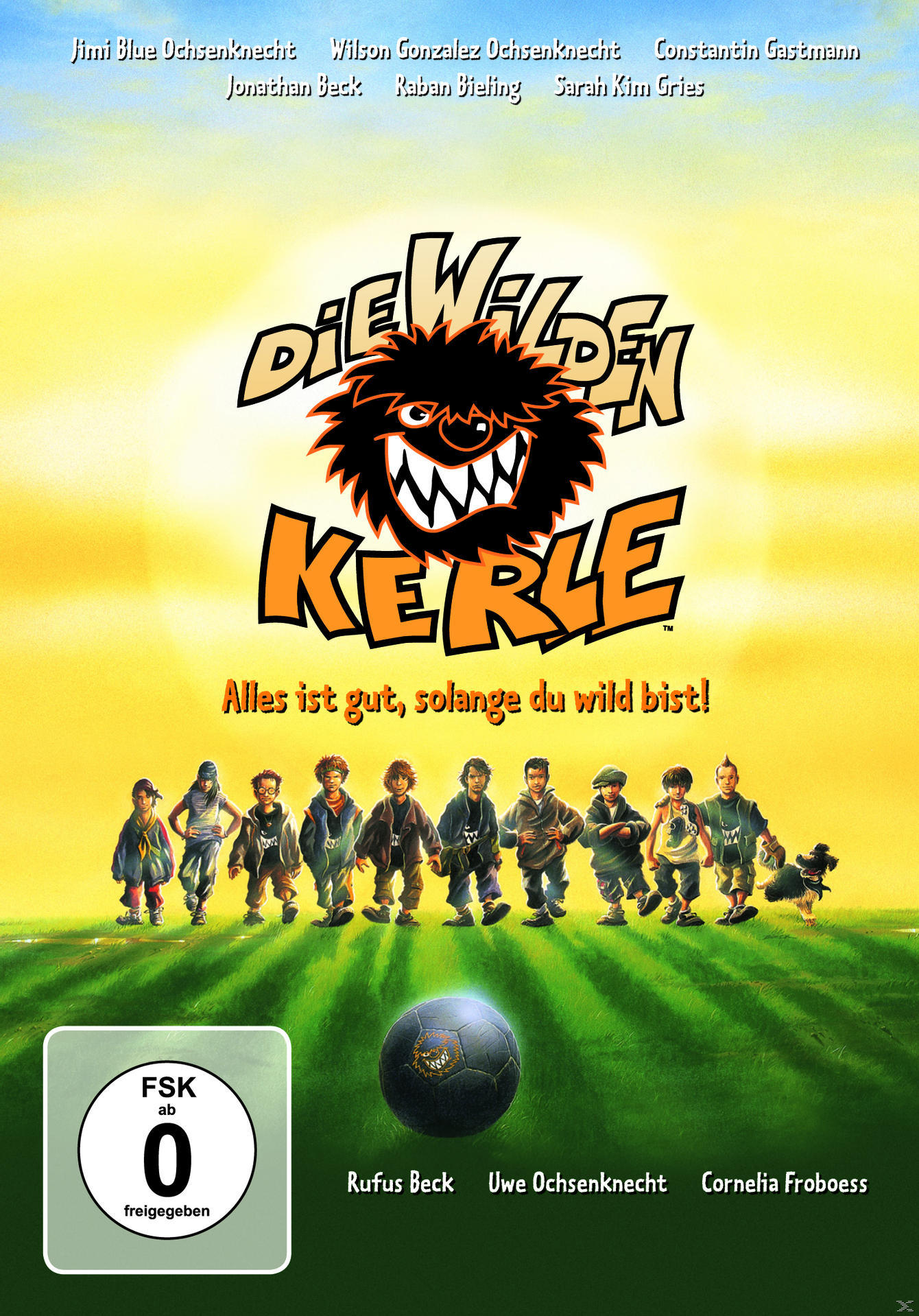 Filmcover. Zeichentrickkinder auf einem Fußballfeld. Grünes Gras und ein schwarzer Ball.