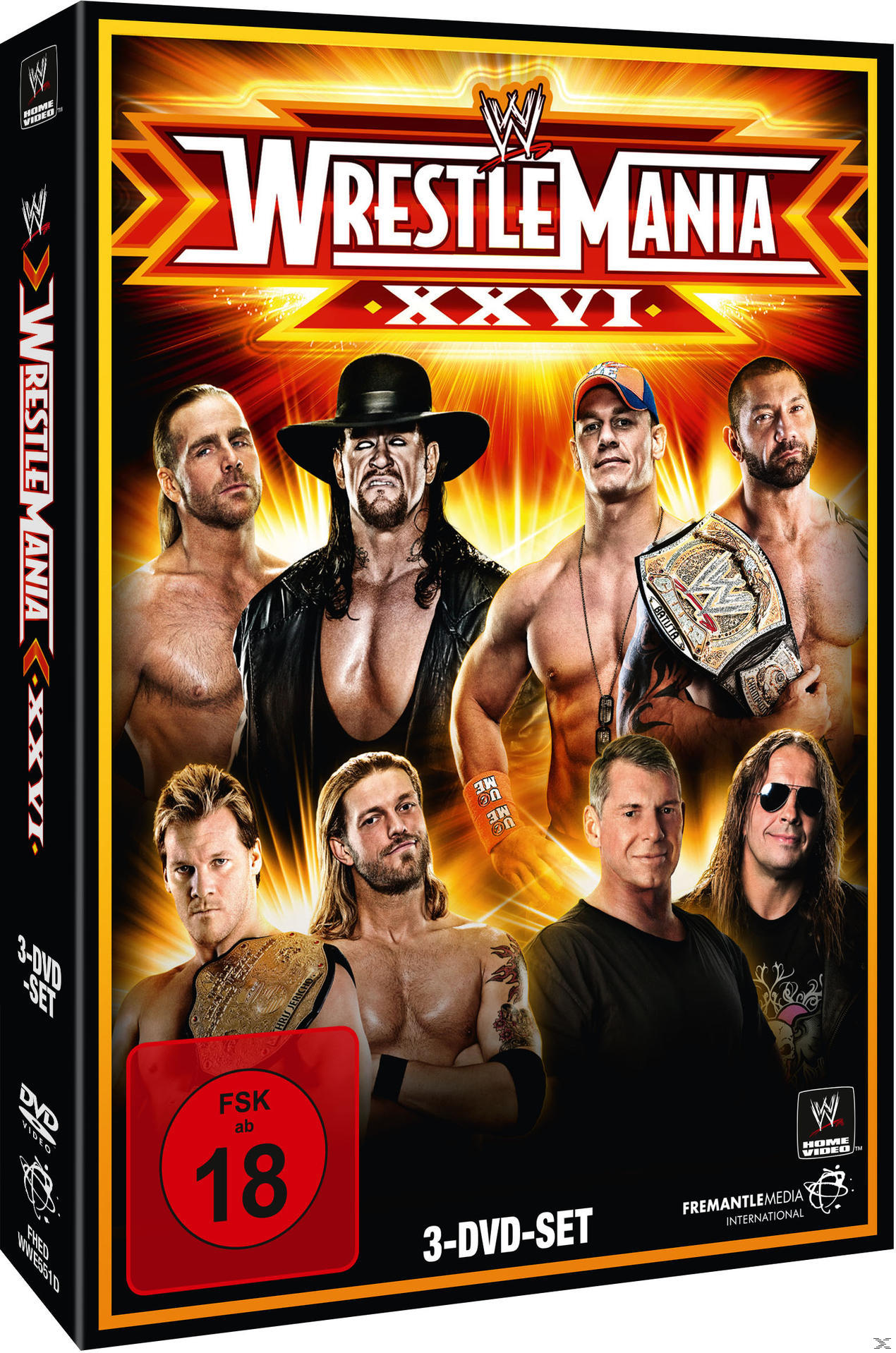 DVD-Cover von WWE WrestleMania XXVI mit Wrestlern wie Shawn Michaels und John Cena.