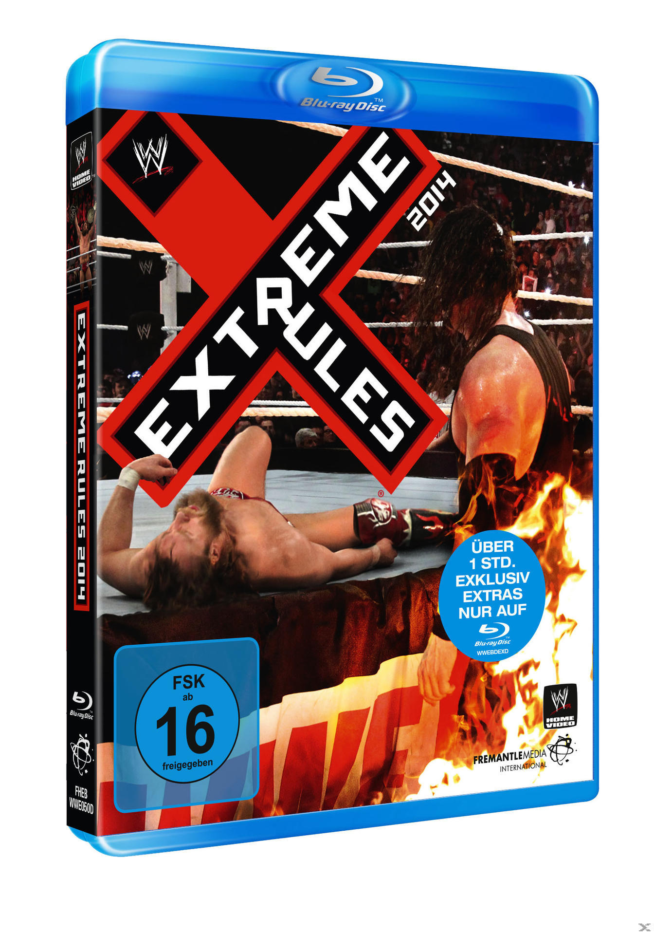 Extreme Rules 2014 Blu-ray-Cover mit Wrestling-Figuren und einem rot-schwarzen Logo.