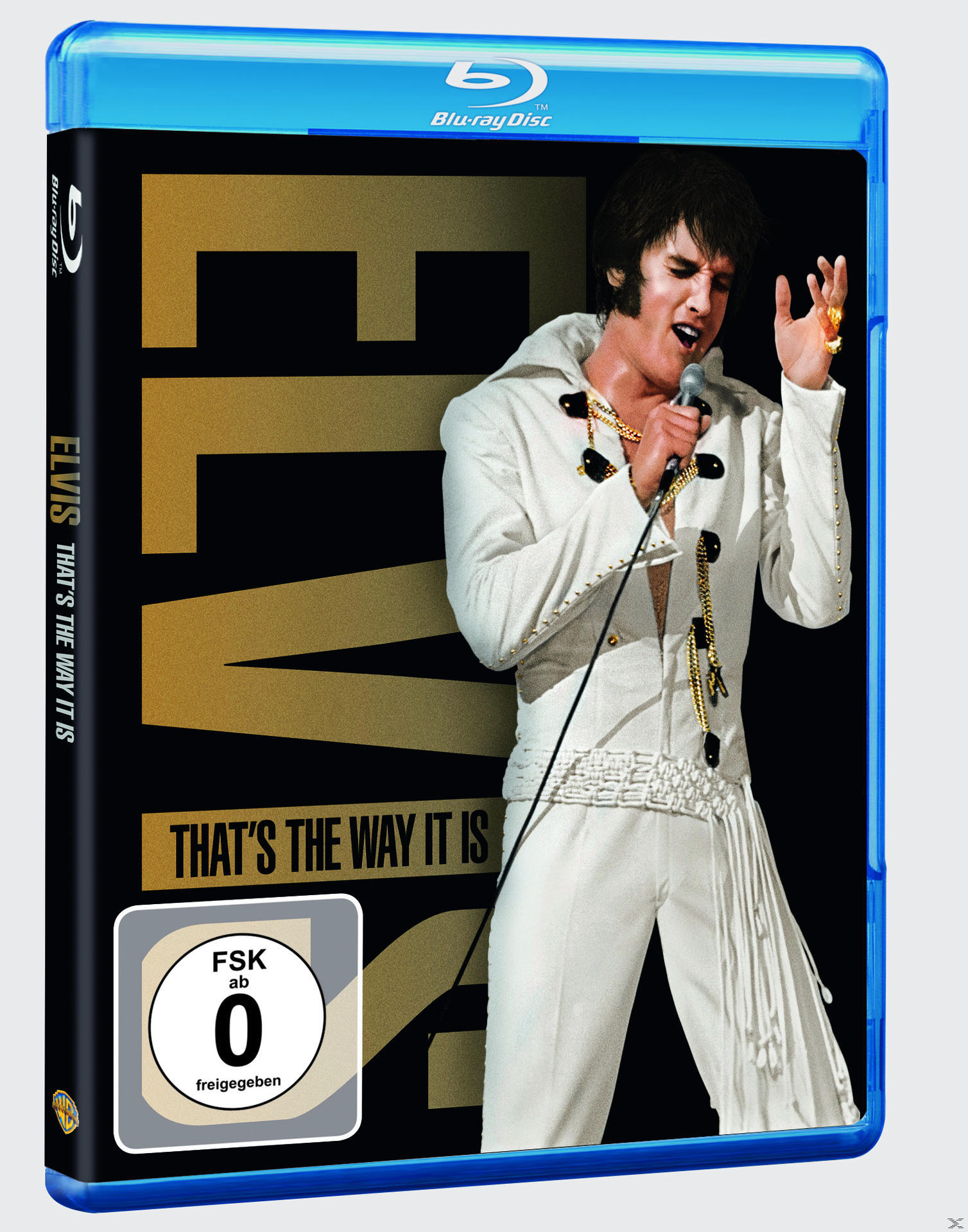 DVD-Cover von Elvis, der einen weißen Overall trägt und in ein Mikrofon singt.
