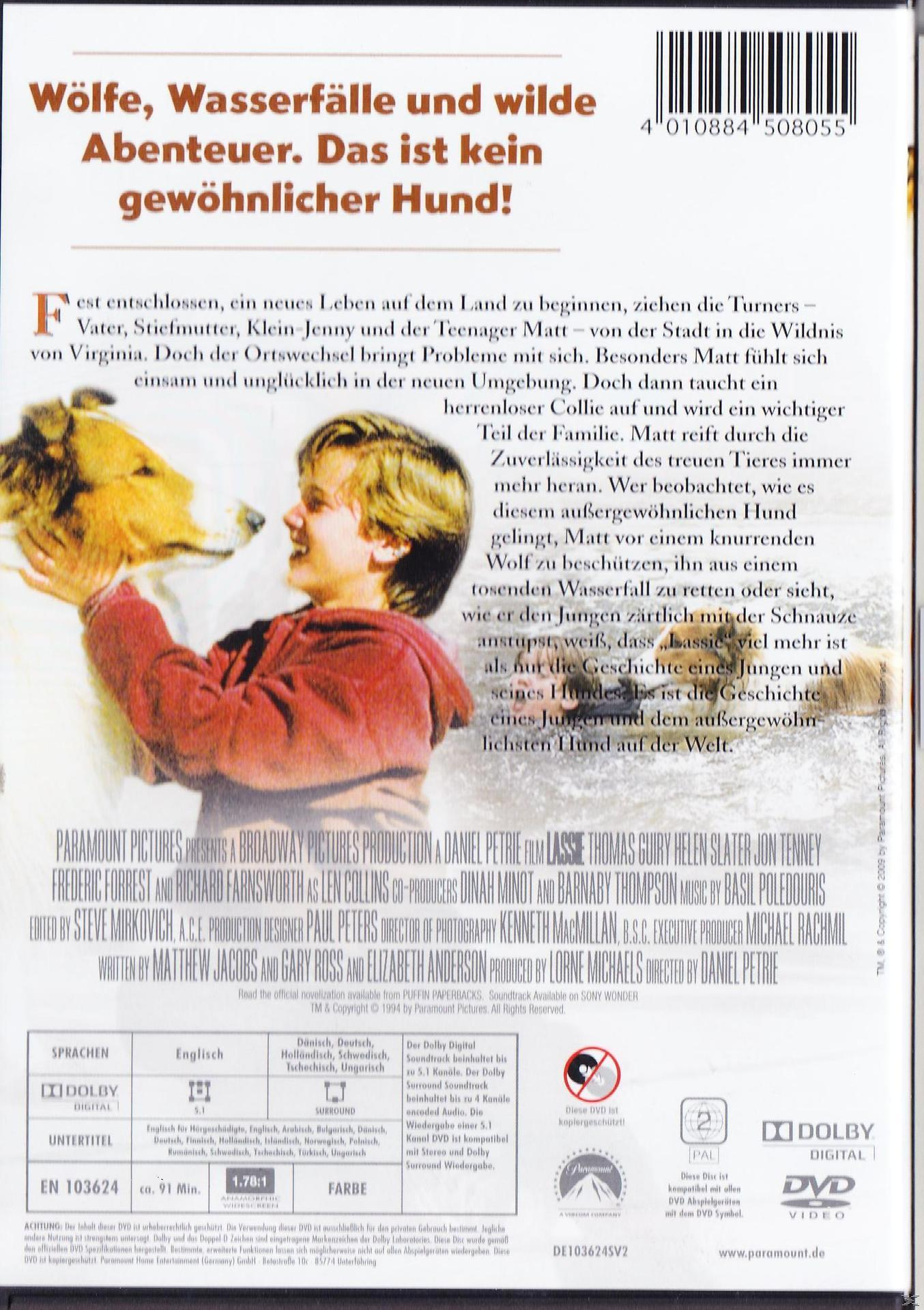 DVD-Cover. Junge und Hund im Fokus. Text auf Deutsch. Ein Film mit dem Titel: Lassie.