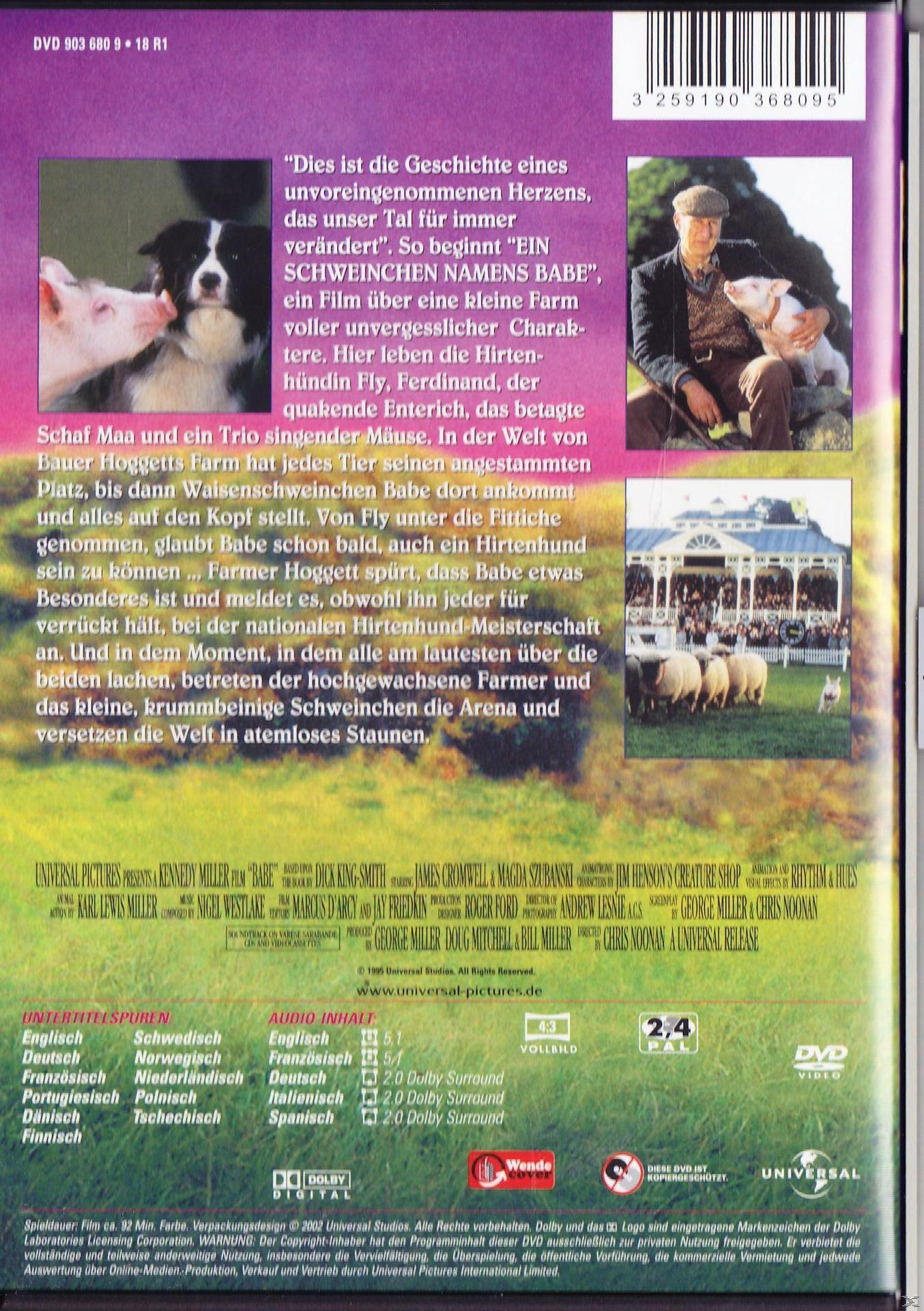DVD-Cover: Schweine, Hund und ein Mann mit einem Schwein, eine Szene aus dem Film Babe.