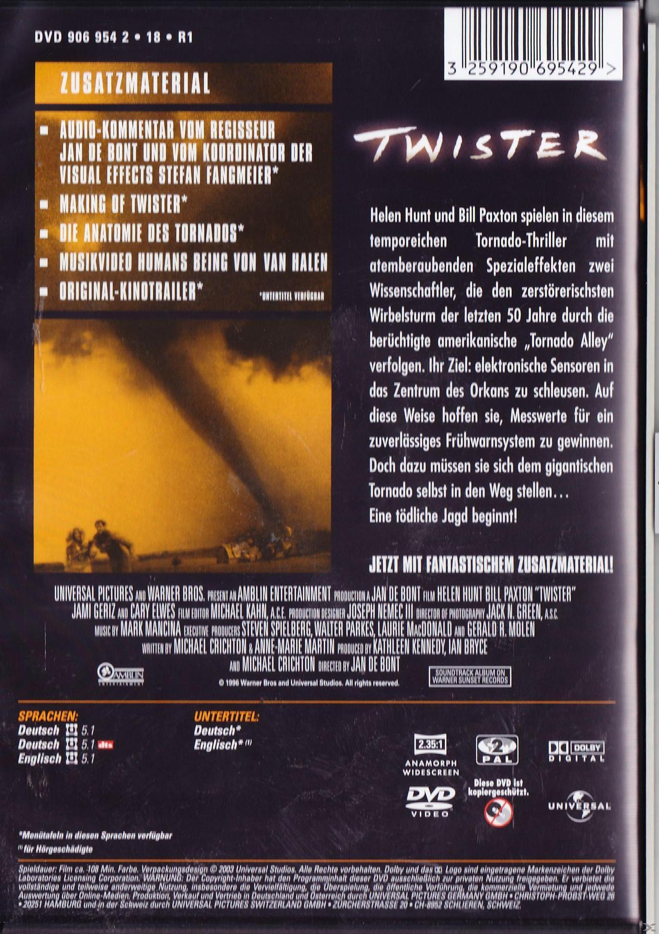 DVD-Cover für den Film 'Twister' mit Text und einem Tornado-Bild.