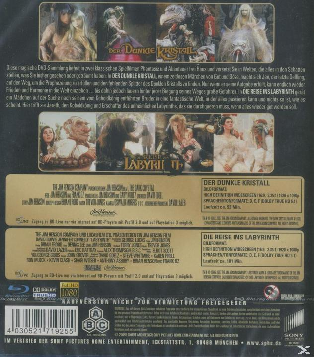DVD-Cover von 'Der dunkle Kristall' mit Text in mehreren Sprachen. Enthält Fantasy-Szene und Charaktere.