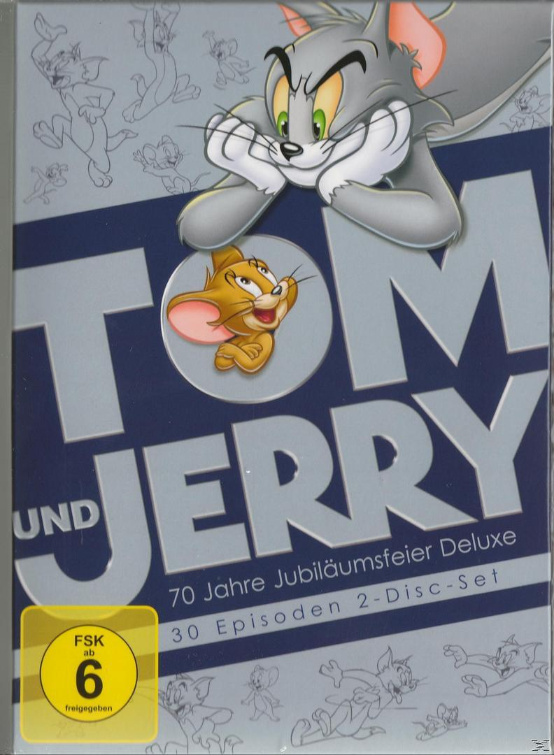 Tom und Jerry DVD-Cover. Kater Tom blickt auf Maus Jerry. Cartoon-Stil.