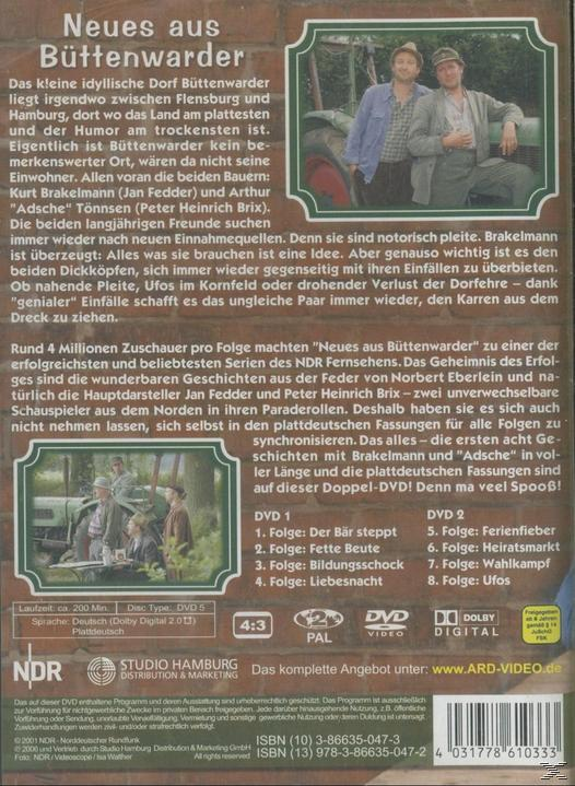 Rückseite einer DVD-Hülle: Text auf Deutsch. Zwei Männer auf einem Feld und ein Traktor. Titel: Neues aus Büttenwarder.