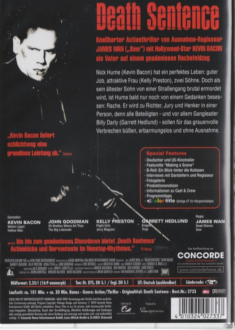 DVD-Hülle von Death Sentence mit Kevin Bacon. Dunkles Bild mit Text und aufgelisteten Schauspielern.