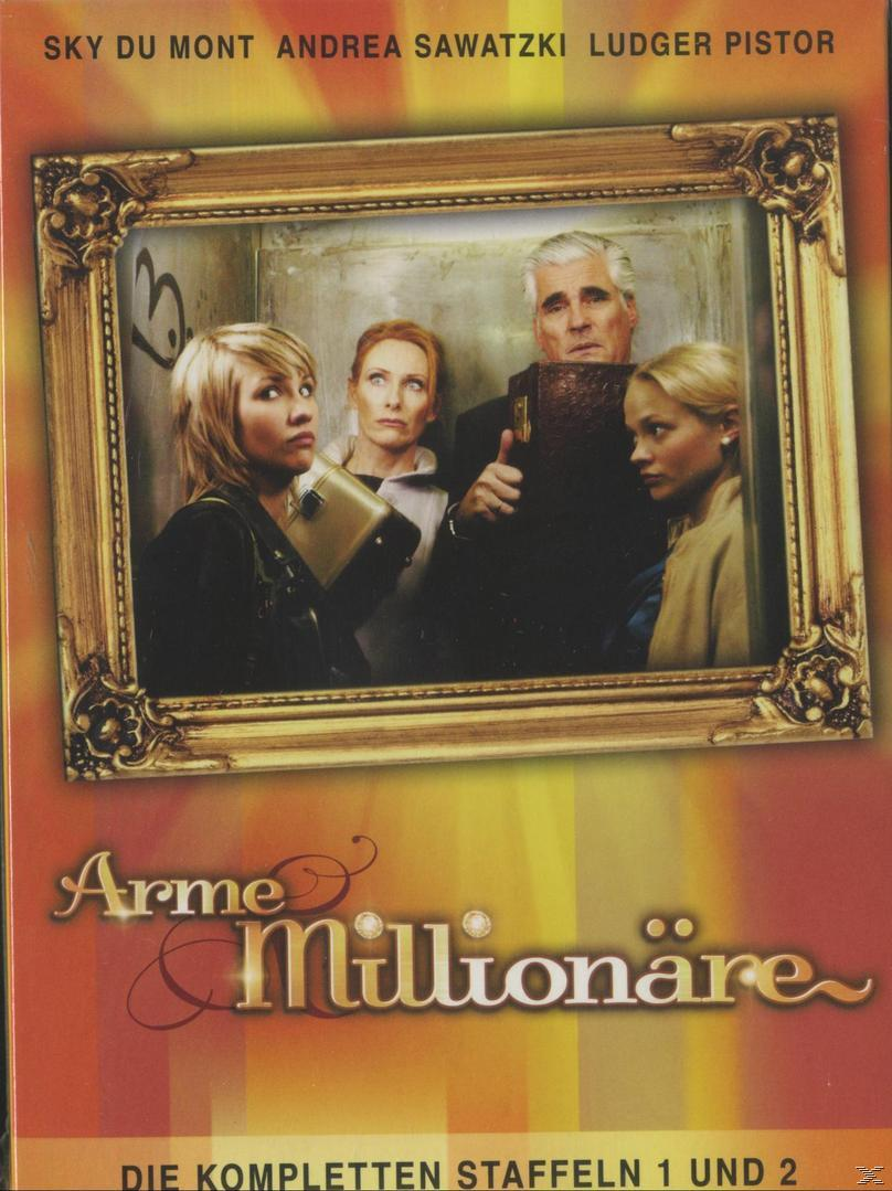 DVD-Cover für "Arme Millionäre". Schauspieler in einem Goldrahmen. Roter und oranger Hintergrund.