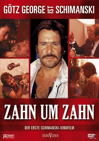 Filmposter mit Mann im Zentrum, umgeben von Szenen aus dem Film, roter Hintergrund, deutscher Titel.