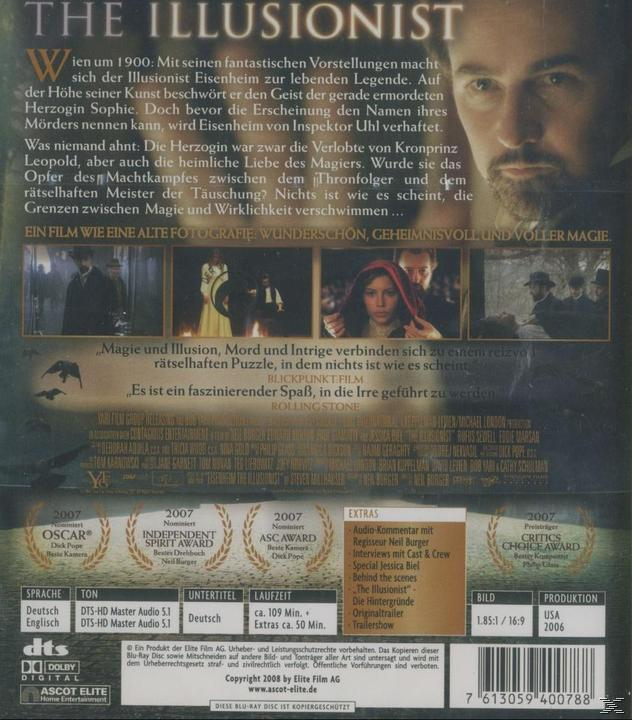 DVD-Cover von The Illusionist. Bild von Schauspielern. Dunkler Hintergrund. Text auf Deutsch.