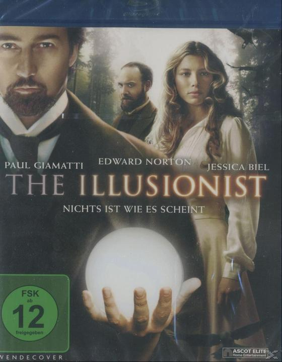 Filmposter mit drei Personen. Text: 'The Illusionist' und Schauspielernamen. Ein leuchtender Ball in der Mitte.