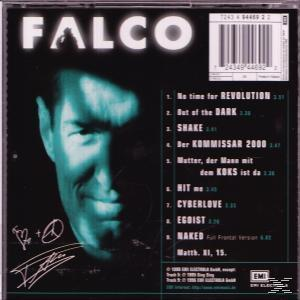 Rückseite des Albums mit einem Porträt von Falco und einer Liste von Songtiteln.