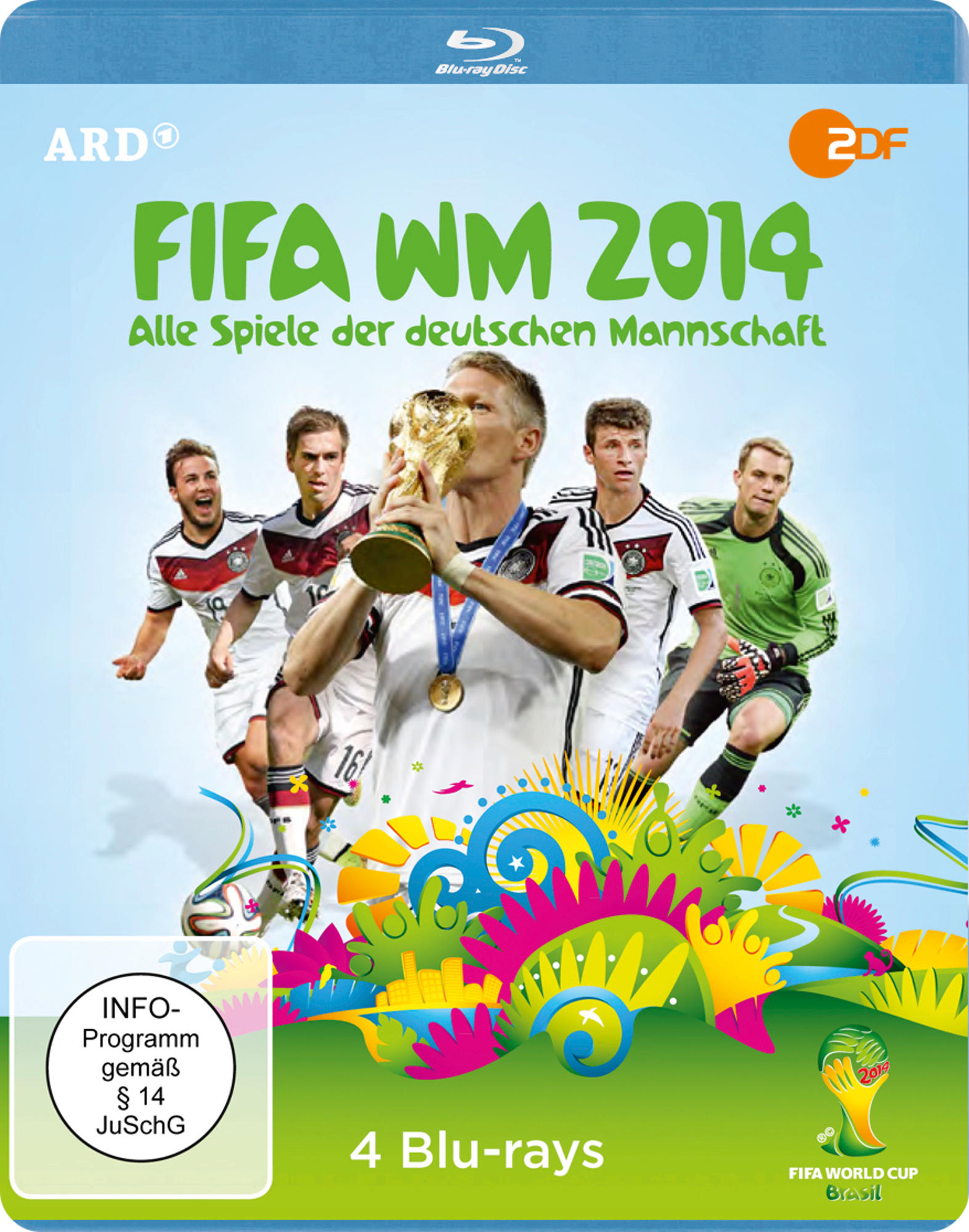 Blu-ray-Cover: FIFA Weltmeisterschaft 2014, deutsche Mannschaft, Trophäe, Spieler.