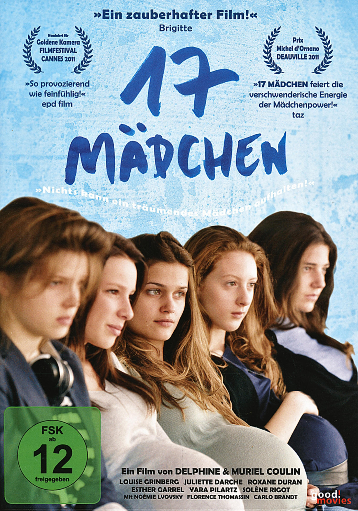DVD-Cover von '17 Mädchen'. Fünf junge Frauen im Vordergrund. Der Titel ist blau.