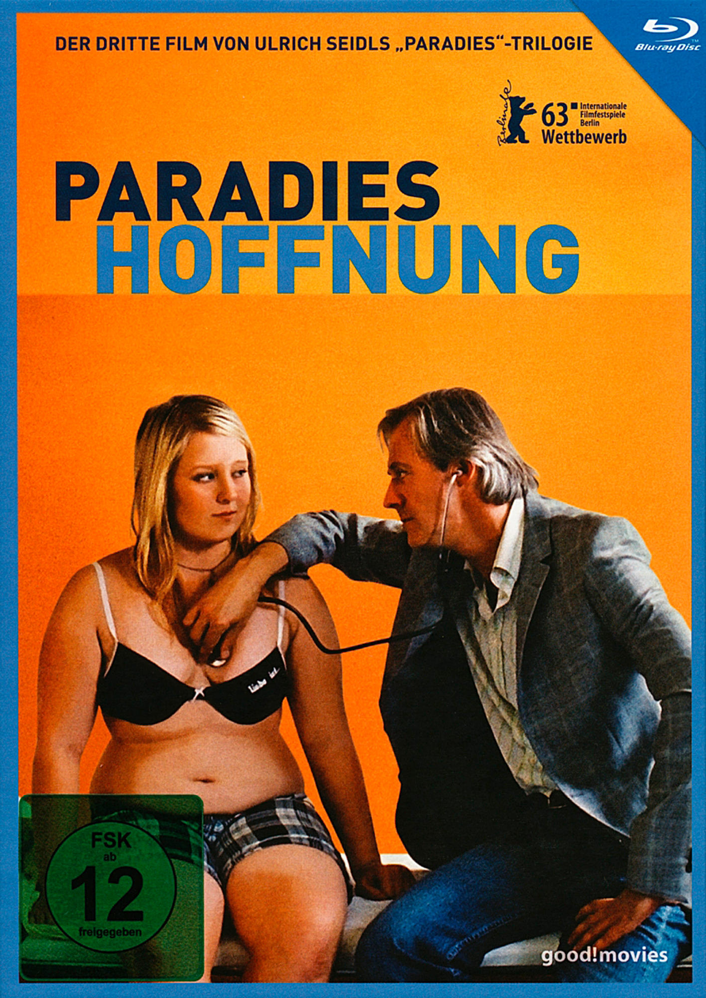 Filmcover, eine Frau und ein Mann mit Stethoskop. Titel: Paradies Hoffnung.