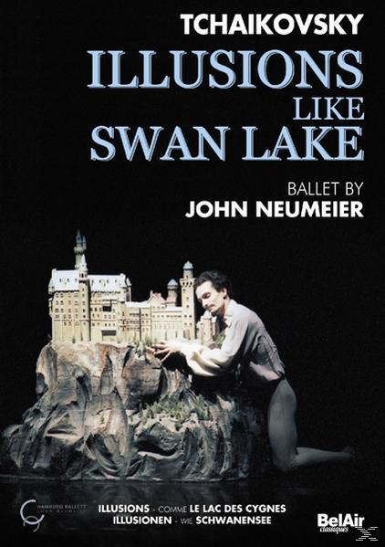 DVD-Cover von 'Illusions Like Swan Lake' Ballett. Zeigt einen Mann, ein Burgmodell und Textüberlagerung.
