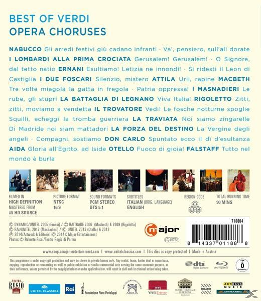 Rückseite der CD: Opernchöre-Text, eine Titelliste. Hintergrund: Bilder von Darstellern und ein Logo.