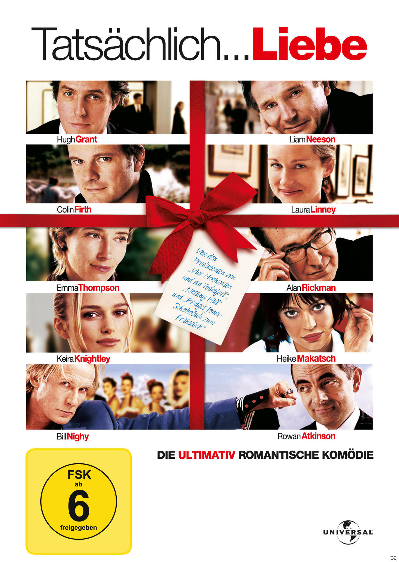DVD-Cover für 'Tatsächlich… Liebe'. Eine Collage von Schauspielern mit roter Schleife und Text.