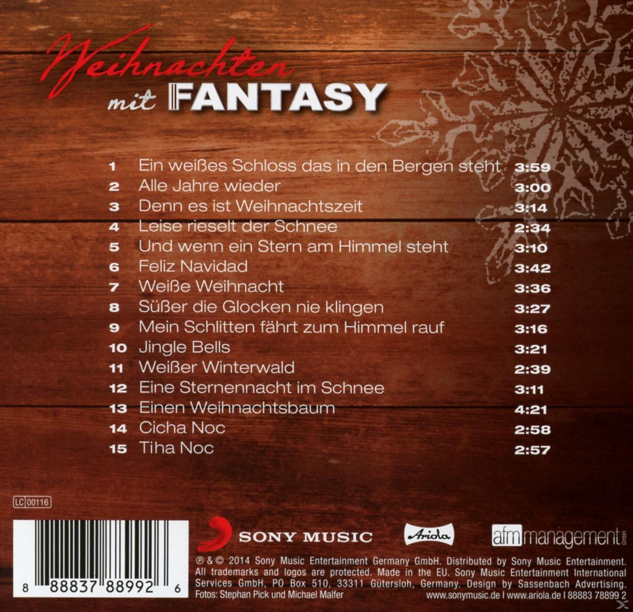 CD-Cover-Rückseite. Titelliste eines Weihnachtsalbums. Weiße Schneeflocken auf braunem Hintergrund.