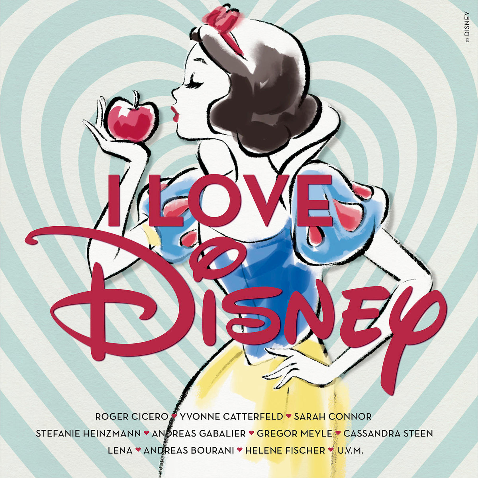 Artwork mit Schneewittchen, die einen Apfel hält, und dem Text 'I love Disney'.
